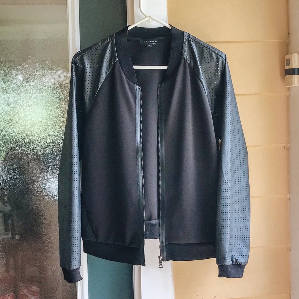 Elie Tahari, XL, Black Faux Leather Bomber Jacket